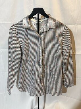 Old Navy Blue and White Striped Button-Up with Red Heart Pattern